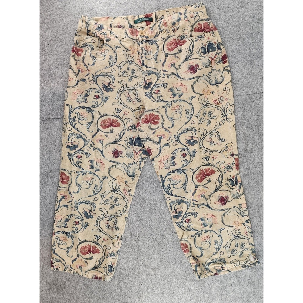 Lauren Ralph Lauren Beige Floral Linen Blend Scroll Print Crop Pants Womens 8